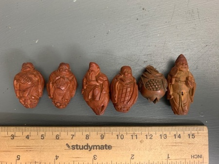 Asstd Lot of 6 Vintage Chinese Hediao Carved Nut Beads Depicting Buddha, Dragons Etc