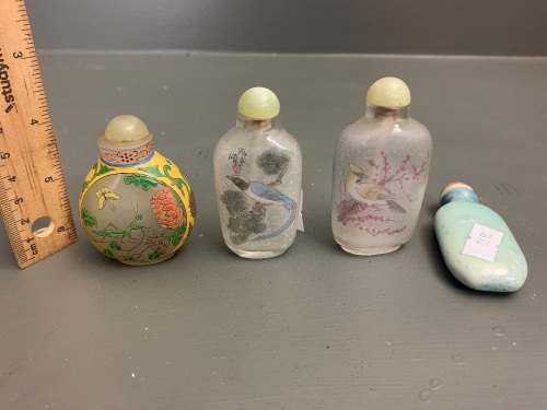 Lot of 4 Vintage Chinese Snuff Bottles - 3 Glass - 1 Ceramic 1- Signed on Bottom