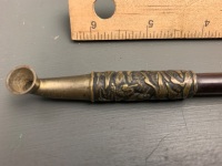 A Chinese Wood and Brass Mounted Antique Opium Pipe - Brass Incised with Storks Pattern - 2