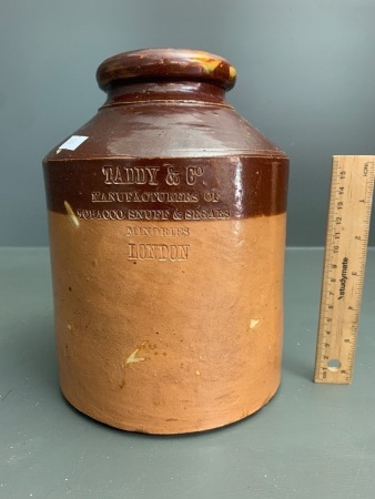 Large Antique Salt Glazed Stoneware Tobacco / Snuff Jar Imprinted Taddy & Co Manufacturers of Tobacco, Snuff & Segars London