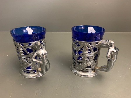 Pair of Bristol Blue Glass and Chrome Tankards with Ladies, Dragons etc