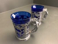 Pair of Bristol Blue Glass and Chrome Tankards with Ladies, Dragons etc - 2