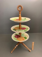 Large Mid Century 3 Tier Timber & Ceramic Afternoon Tea Stand