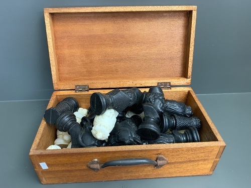 Vintage Timber Box with Large Vintage Plastic Chess Set