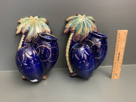 Pair of Unusual Vintage Beswick Cobalt Blue Vase and Lustre Palm Tree Wall Vases - Model 1063