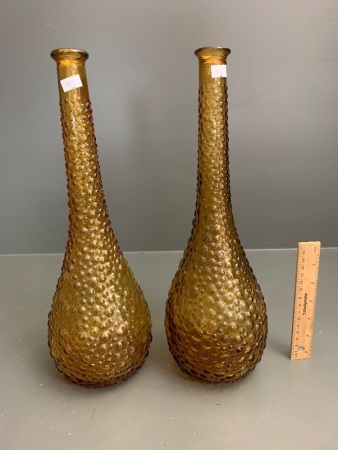 Pair of Mid Century Amber Hobnail Glass Genie Bottles - No Stoppers