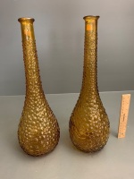 Pair of Mid Century Amber Hobnail Glass Genie Bottles - No Stoppers - 2