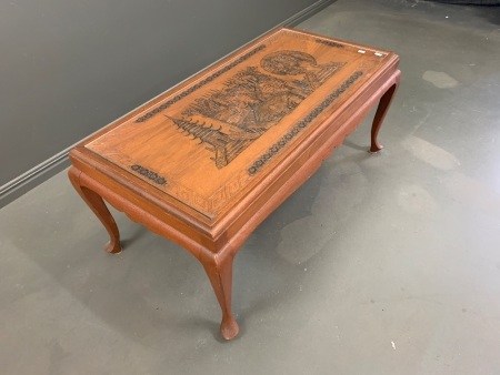 Vintage Timber Side Table on Q.Anne Legs with Carved Asian Scene Under Glass Top