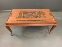 Vintage Timber Side Table on Q.Anne Legs with Carved Asian Scene Under Glass Top - 2