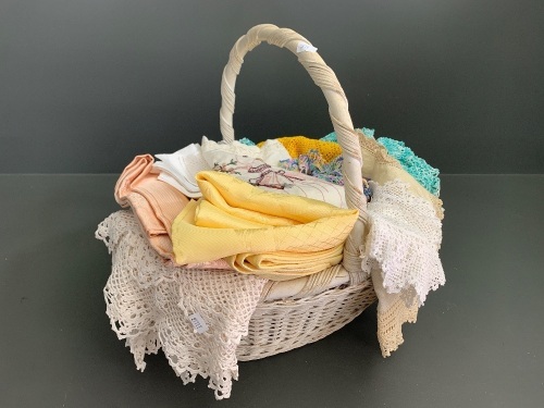 Vintage Wicker Basket with Vintage Linen inc. Damask Tablecloths, Embroidery Etc