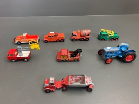 Asstd Lot of Vintage Die Cast Trucks and Tractor inc. Lesney, Corgi and Crescent