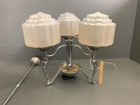 Original Art Deco Chromed 3 Armed Diana Chandelier with Glass Shades