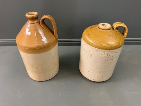 2 x 2 Gallon Antique Salt Glazed Stoneware Flagons - 1 From Glasgow