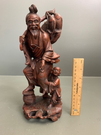 Vintage Chinese Rosewood Carving of Fisherman and Son