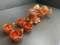 Vintage Marigold Carnival Glass Punchbowl with 4 Cups - As Is - 4