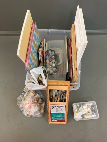 Large Asstd Lot of Art Materials inc. Brushes, Paints, Papers etc