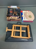 Large Asstd Lot of Art and Framing Eqpt. Inc. Easel, Brushels, Palette, Pads, Portfolio, Clamps Etc