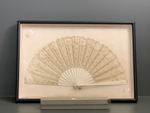 Framed Victorian Lace Fan with Original Box