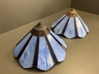 Pair of Blue and Amber Glass Leadlight Shades - 2