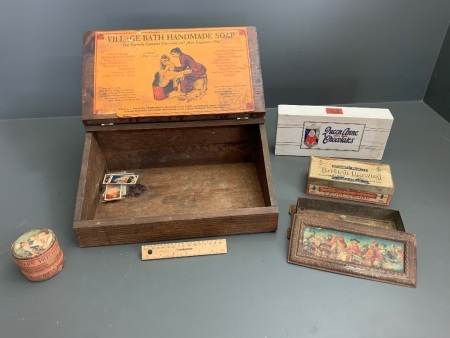 Vintage American Timber Counter Top Soap Box + Antique Soap and Chocolate Boxes and Cards