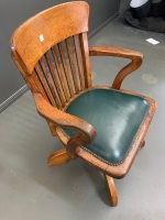 Antique Oak Captains / Office Swivel Elbow Chair with Leathered Seat and Brass Tacks - 2