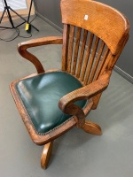 Antique Oak Captains / Office Swivel Elbow Chair with Leathered Seat and Brass Tacks - 3