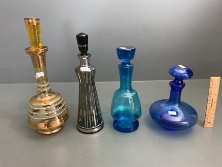 Lot of 4 Vintage Mid Century Coloured Glass Decanters