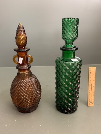 Vintage Knurled Design Amber Glass Bulb Bottle & Green Knurled Design Decanter Bottle