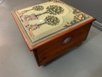 Timber Lift Lid Strage Box / Foot Stool with Tapestry Top and Brass Handles - 3