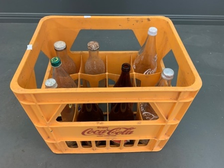 Vintage Plastic Coke Crate with Asstd Old Bottles