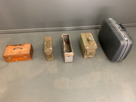 3 x Old Steel Ammo Case, Timber Box + Small Samsonite Suitcase