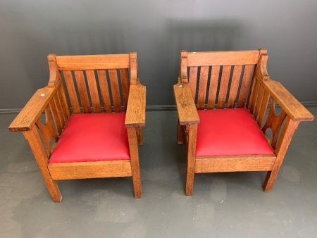 Pair of Wide Arts and Crafts Oak Pub Chairs with Newly Upholstered Seats