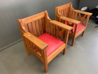 Pair of Wide Arts and Crafts Oak Pub Chairs with Newly Upholstered Seats - 2