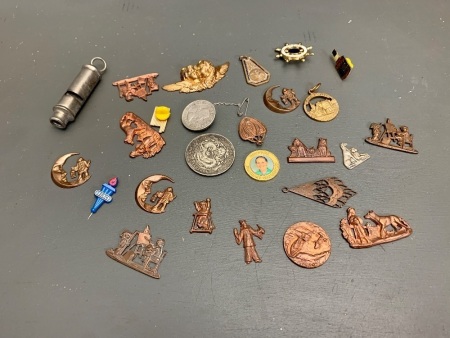 Asstd Lot of Pins, Medallions, Pressed Metal AdornmentsÂ  & Vintage Whistle