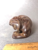 Vintage Japanese Carved Timber Netuske Depicting a Tiger Lying Down with Beaded Eyes - Signed on Inlay to Base - 2