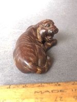 Vintage Japanese Carved Timber Netuske Depicting a Tiger Lying Down with Beaded Eyes - Signed on Inlay to Base - 4