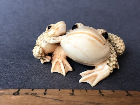 Antique Japanese Carved Ivory Netsuke Depicting Mother & Baby Frog with Beaded Eyes. 2 Character Signature to Base - Baby Frog Well Rubbed