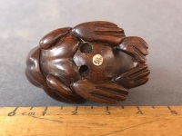 Vintage Japanese Carved Wooden Netuske Depicting 2 Mating Frogs with Beaded Eyes - Signed on Inlay to Base - 6