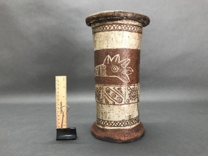 Tall Tribal Decorated Heavy Stoneware Vase