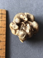 Antique Japanese Intricately Carved Ivory Netsuke Depicting 7 Rats with Beaded Eyes. 2 Character Signature at Top