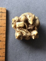 Antique Japanese Intricately Carved Ivory Netsuke Depicting 7 Rats with Beaded Eyes. 2 Character Signature at Top - 2