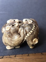 Antique Japanese Intricately Carved Ivory Netsuke Depicting 7 Rats with Beaded Eyes. 2 Character Signature at Top - 7