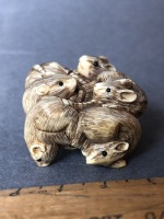 Antique Japanese Intricately Carved Ivory Netsuke Depicting 7 Rats with Beaded Eyes. 2 Character Signature at Top - 9