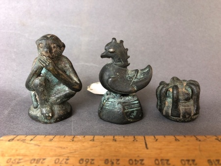 3 x Antique c19th Century Burmese Bronze Opium Weights in the Form of a Monkey - 168g, Chicken - 159g, Spider - 85g
