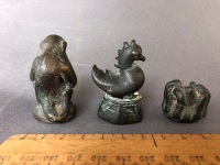 3 x Antique c19th Century Burmese Bronze Opium Weights in the Form of a Monkey - 168g, Chicken - 159g, Spider - 85g - 3