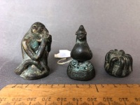 3 x Antique c19th Century Burmese Bronze Opium Weights in the Form of a Monkey - 168g, Chicken - 159g, Spider - 85g - 4