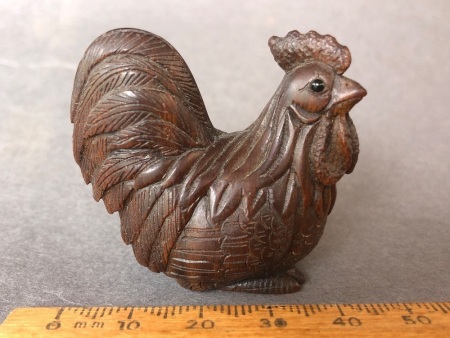 Vintage Japanese Carved Wooden Netsuke in the Form of a Chicken with Bead Eyes - Signed on Inlay to Base