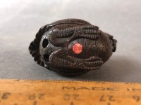 Vintage Japanese Carved Wooden Netsuke in the Form of a Chicken with Bead Eyes - Signed on Inlay to Base - 6