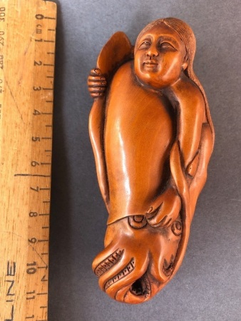 Large Antique Intricately Carved Japanese Boxwood Netsuke Depicting Lady with a Giant Squid - 2 Character Signature to Base