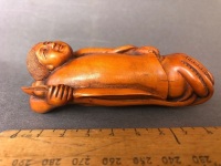 Large Antique Intricately Carved Japanese Boxwood Netsuke Depicting Lady with a Giant Squid - 2 Character Signature to Base - 3